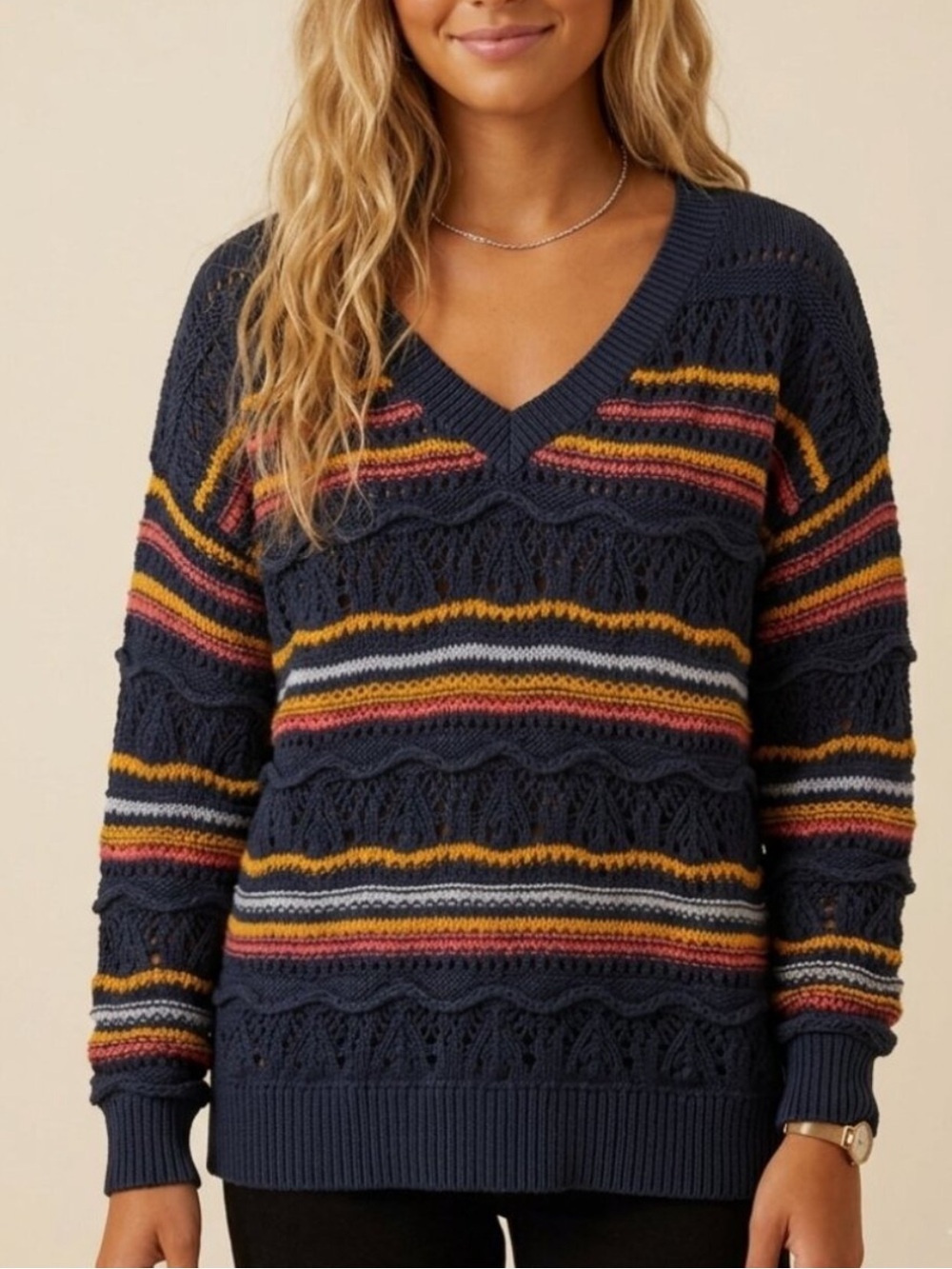 Sundance Women's Navy Multicolor Catalog Alysha Stripe Sweater M 8463